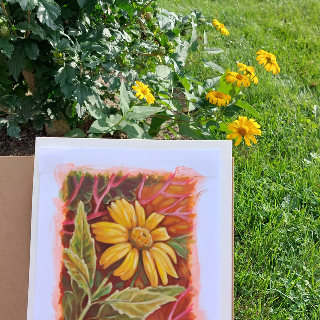Mini Sunflower Original Painting on Paper in situ by artist Cathy Horvath Buchanan