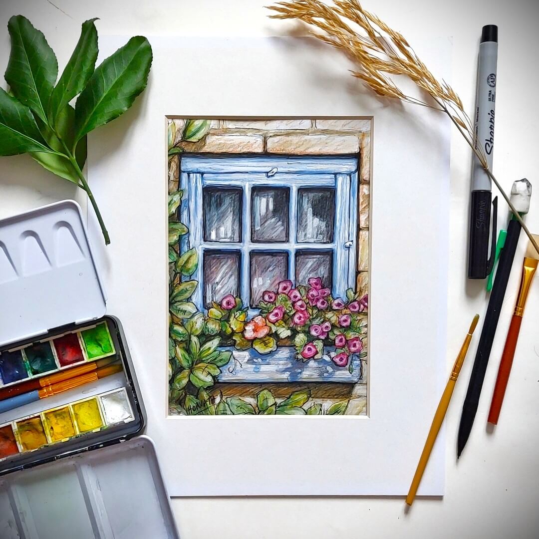 Window Flower Box, Plein Air Original Painting