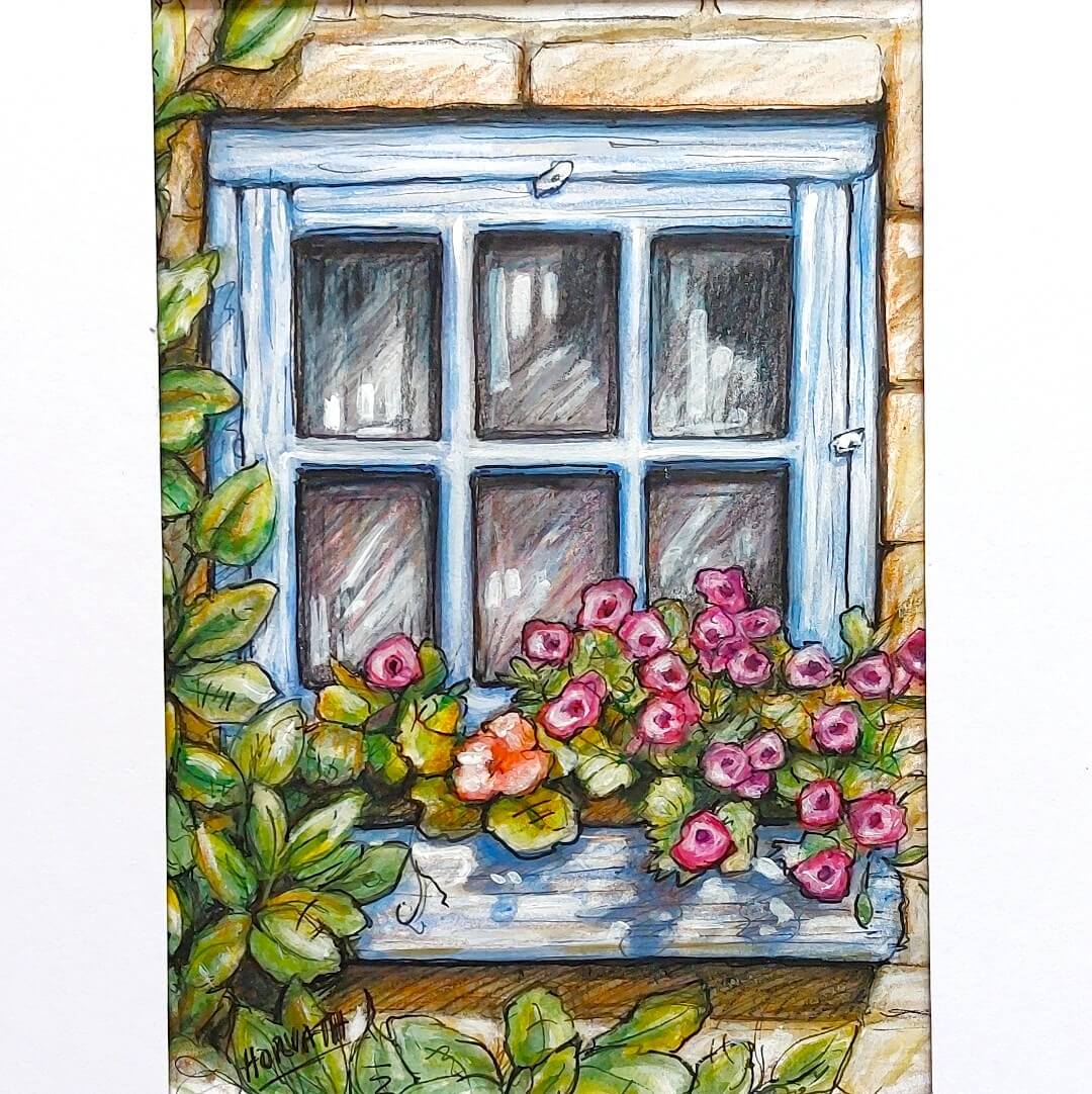 Window Flower Box, Plein Air Original Painting