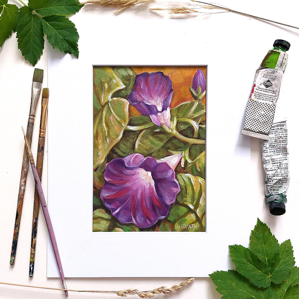 Morning Glories Original Painting on Paper flatlay by artist Cathy Horvath Buchanan
