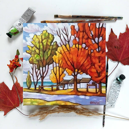 Old Lakeside Cottage - Original Painting  flatlay by artist Cathy Horvath Buchanan