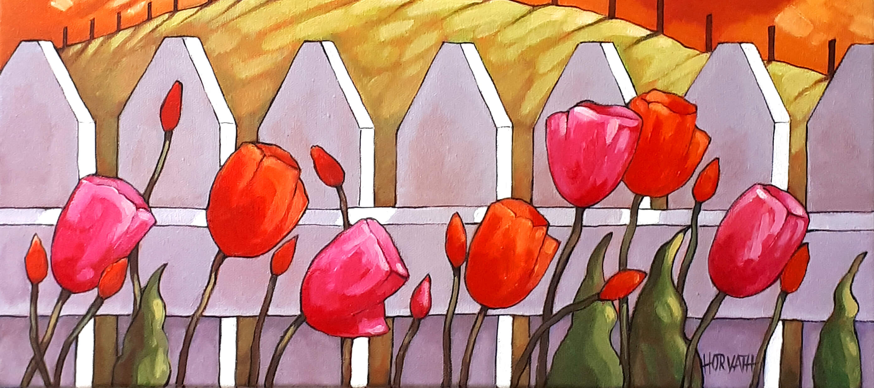original painting of colorful tulips and white picket fence