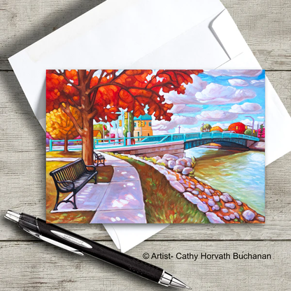 Port Stanley Bridge Bench Scene Art Card, 5x7 Greeting Card