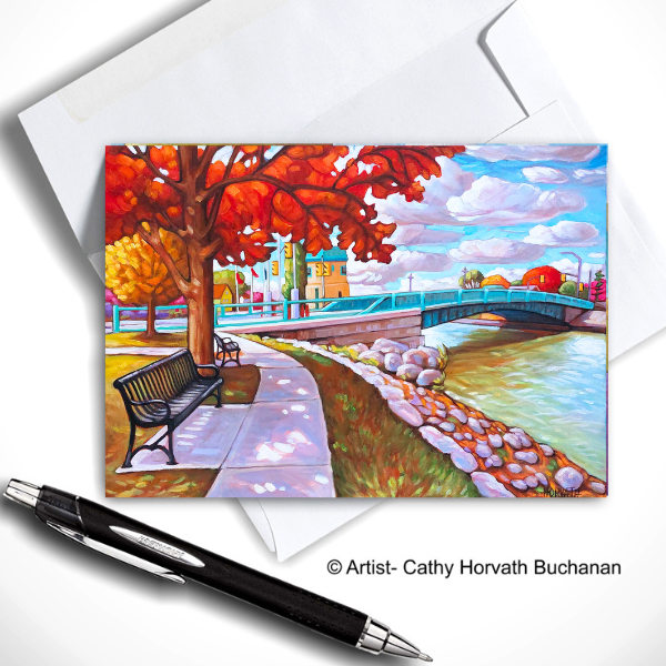 Port Stanley Bridge Bench Scene Art Card, 5x7 Greeting Card