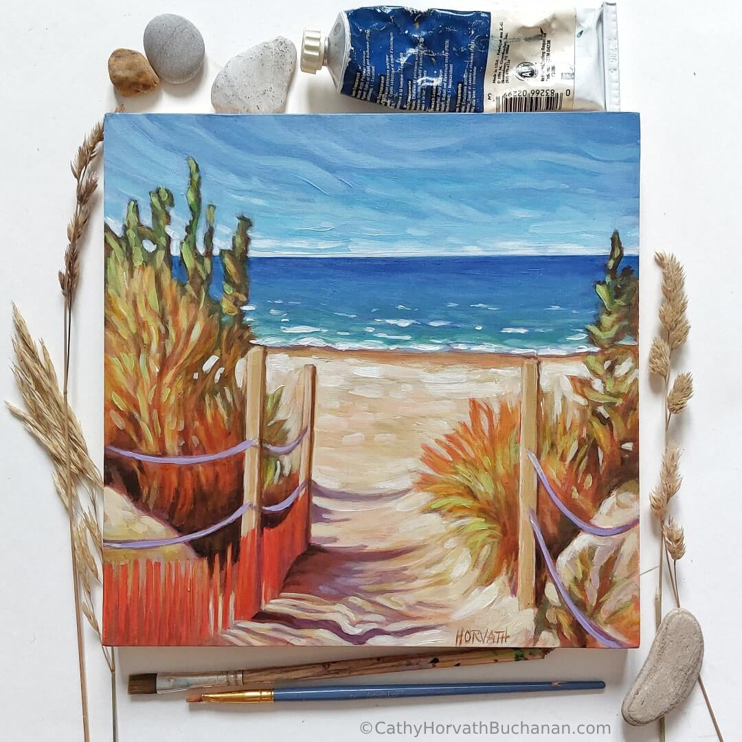 Beach Path, Original Painting 8x8