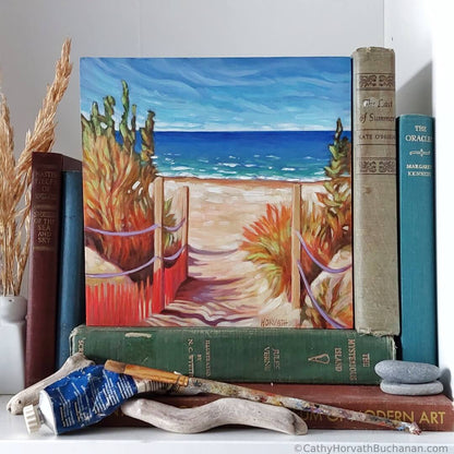 Beach Path, Original Painting 8x8