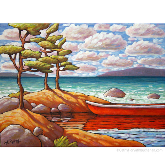 Red Canoe Water View, Framed Original Painting 12x16 by artist Cathy Horvath Buchanan