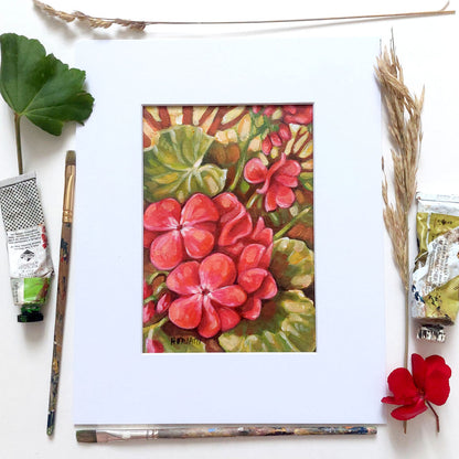 Red Geranium - Original Painting on Paper flatlay by artist Cathy Horvath Buchanan