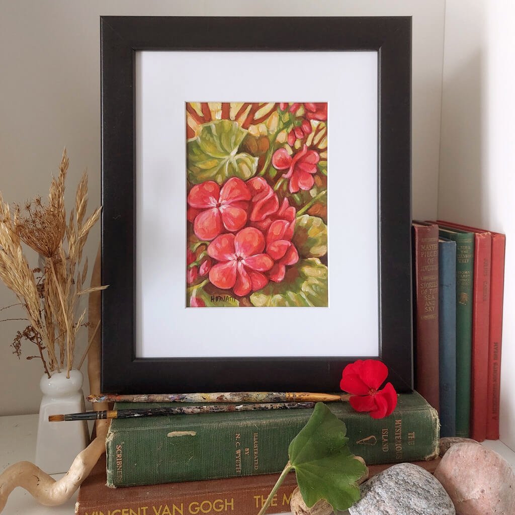 Red Geranium - Original Painting on Paper framed by artist Cathy Horvath Buchanan