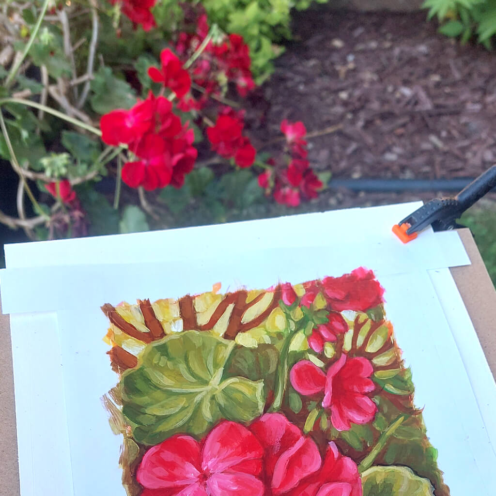 Red Geranium - Original Painting on Paper in situ by artist Cathy Horvath Buchanan