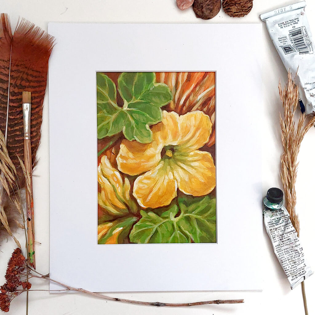 Yellow Squash Bloom - Original Painting on Paper flatlay photo by artist Cathy Horvath Buchanan