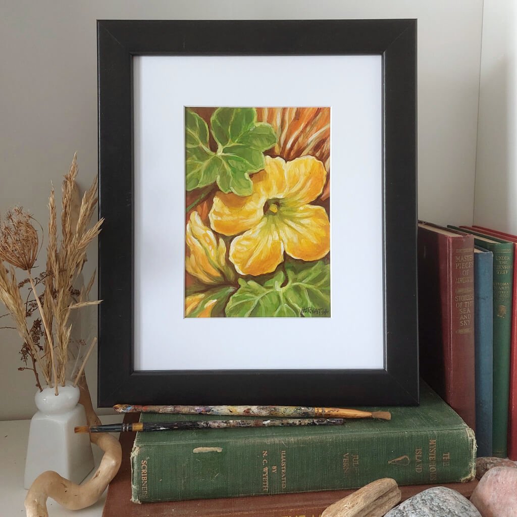 Yellow Squash Bloom - Original Painting on Paper Framed by artist Cathy Horvath Buchanan