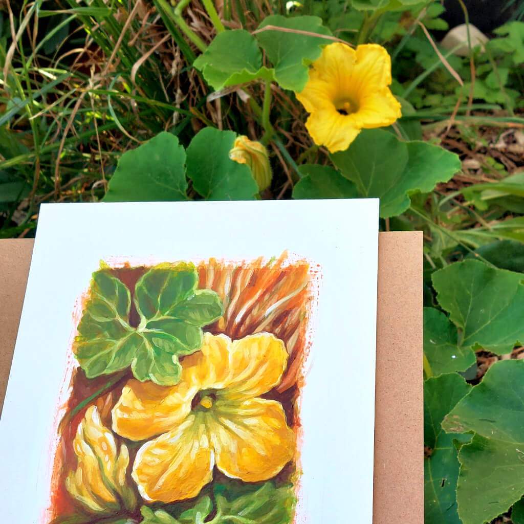 Yellow Squash Bloom - Original Painting on Paper in situ by artist Cathy Horvath Buchanan