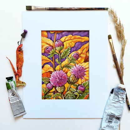 Wild Thistles, Original Painting on Paper flatlay by artist Cathy Horvath Buchanan