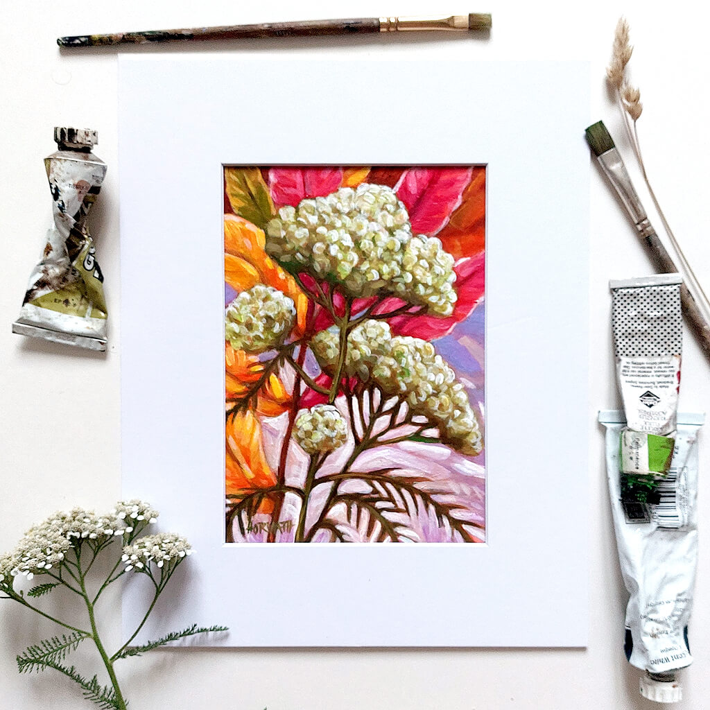 Yarrow, Original Painting on Paper flatlay by artist Cathy Horvath Buchanan