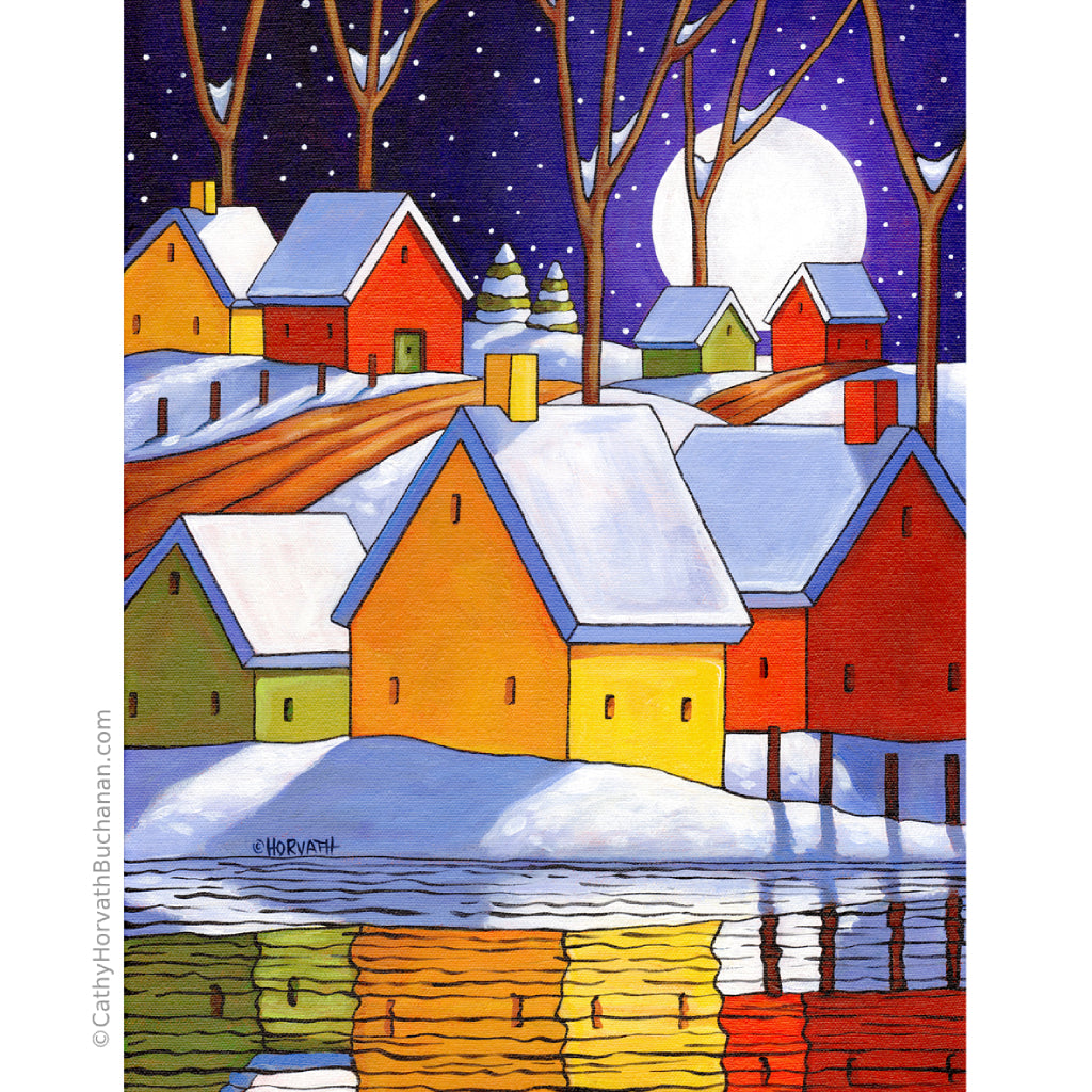 Winter Nite - Art Print colorful winter snow moon landscape by artist Cathy Horvath Buchanan