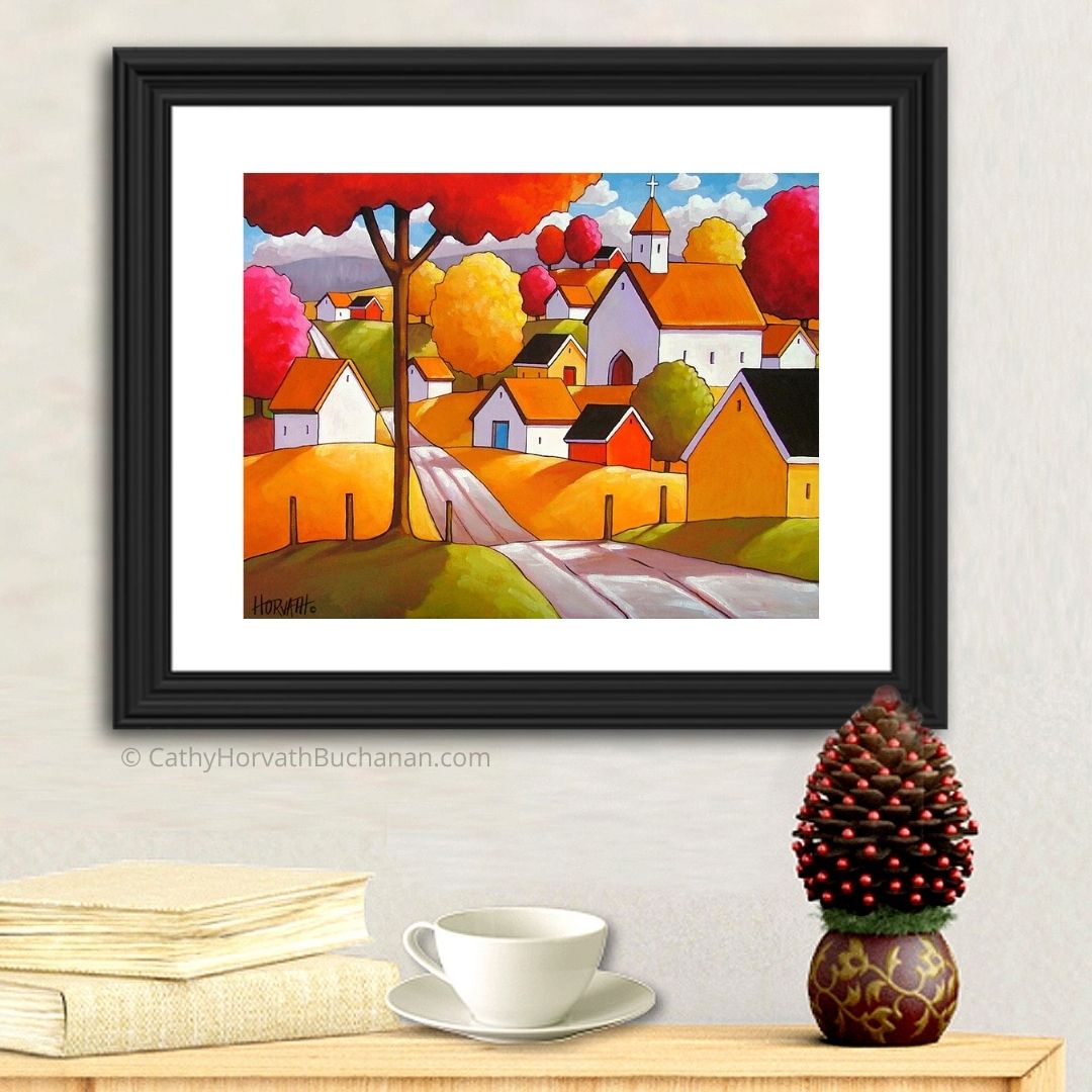 Autumn Town Road, Folk Art Print, Colorful Village Fall Landscape Giclee by artist Cathy Horvath Buchanan
