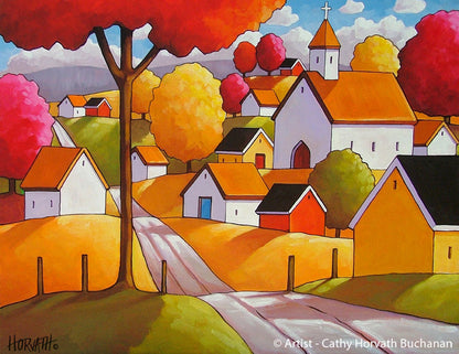 Autumn Town Road, Folk Art Print, Colorful Village Fall Landscape Giclee by artist Cathy Horvath Buchanan