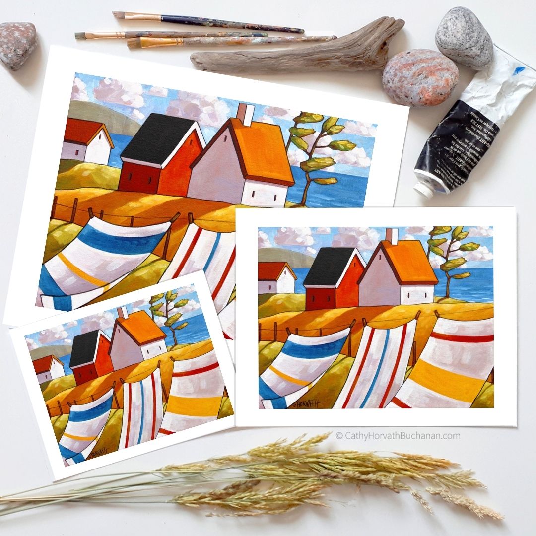 Coastal Beach Towel Folk Art Print, Summer Seaside Breeze Giclee byartist Cathy Horvath Buchanan