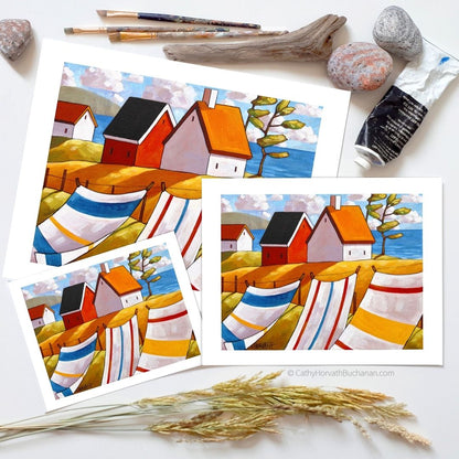 Coastal Beach Towel Folk Art Print, Summer Seaside Breeze Giclee byartist Cathy Horvath Buchanan