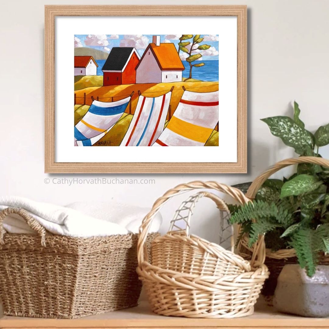 Coastal Beach Towel Folk Art Print, Summer Seaside Breeze Giclee byartist Cathy Horvath Buchanan