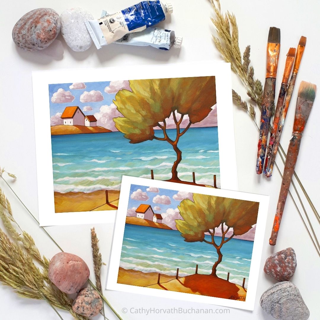 Beach Tree Cottages Seaside Summer Art Print, Coastal Giclee by artist Cathy Horvath Buchanan