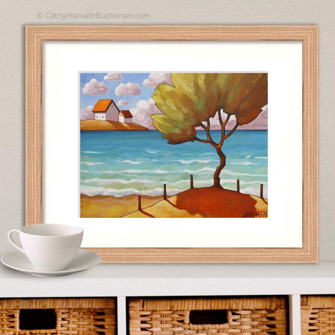 Beach Tree Cottages Seaside Summer Art Print, Coastal Giclee by artist Cathy Horvath Buchanan