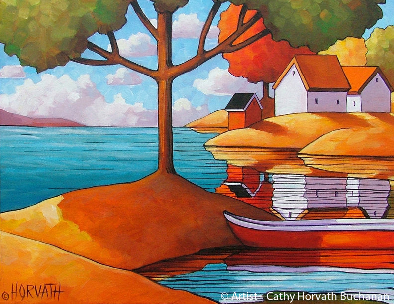 Red Canoe Shadows Summer Folk Art Print, Lake House Cabin Giclee by artist Cathy Horvath Buchanan