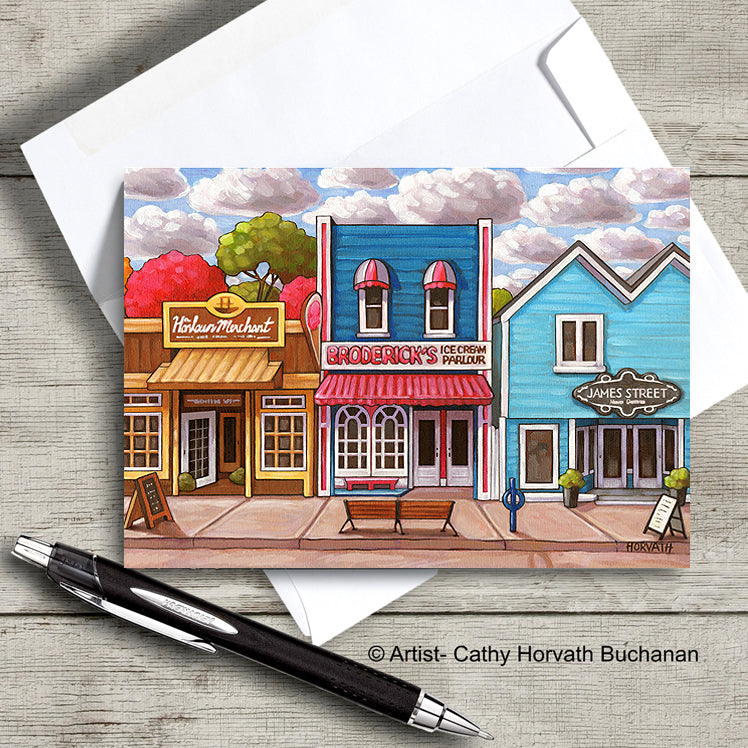 Brodericks Main Street, Port Stanley - Art Card by artist Cathy Horvath Buchanan