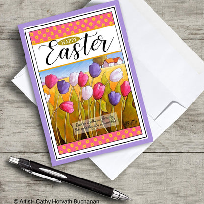 easter greeting card with envelope inspirational quote and spring tulips landscape by artist Cathy Horvath Buchanan