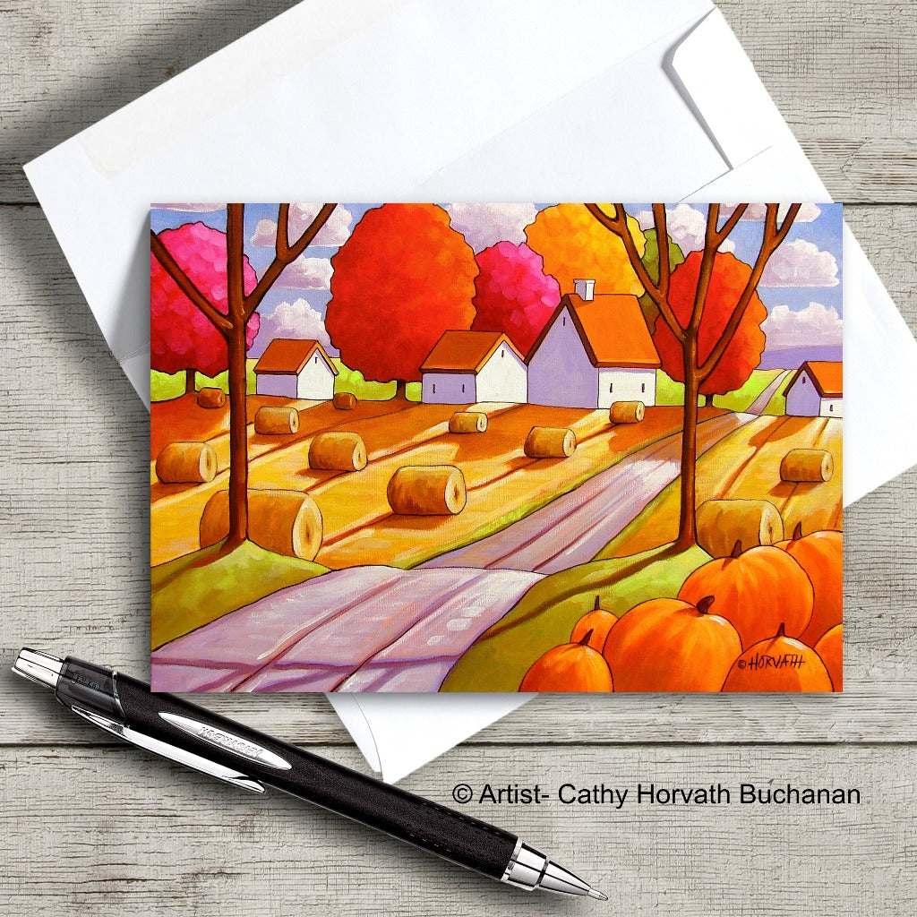 Fall Hay Rolls Pumpkins - Art Card by artist Cathy Horvath Buchanan