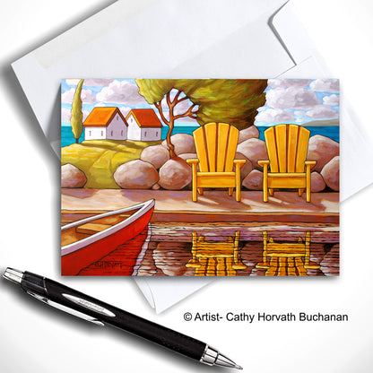 Yellow Dock Chairs Canoe View - Art Card by cathy horvath buchanan