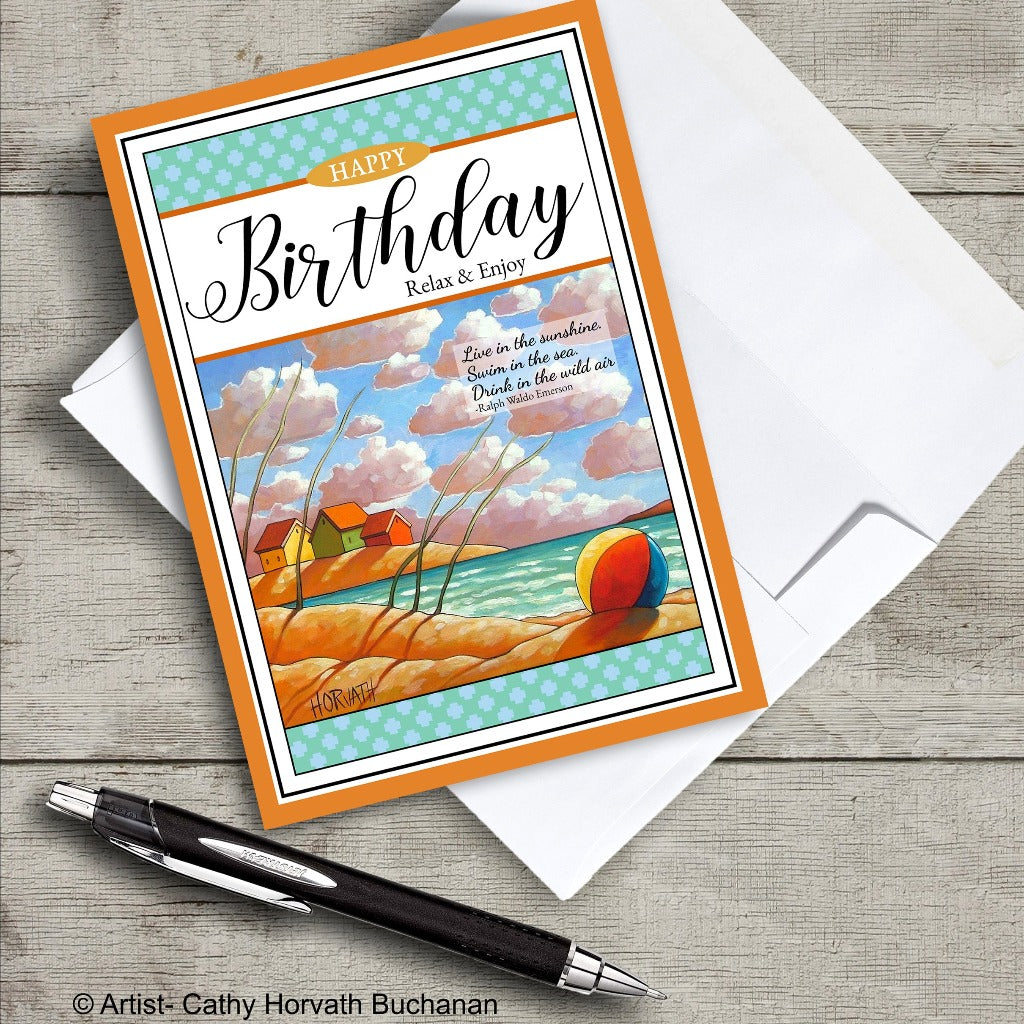 birthday greeting card beach ball and beach landscape art with an envelope and pen, greeting card by artist Cathy Horvath Buchanan