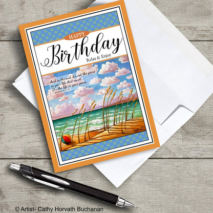 birthday greeting card of beach with an envelope and pen, greeting card by artist Cathy Horvath Buchanan,