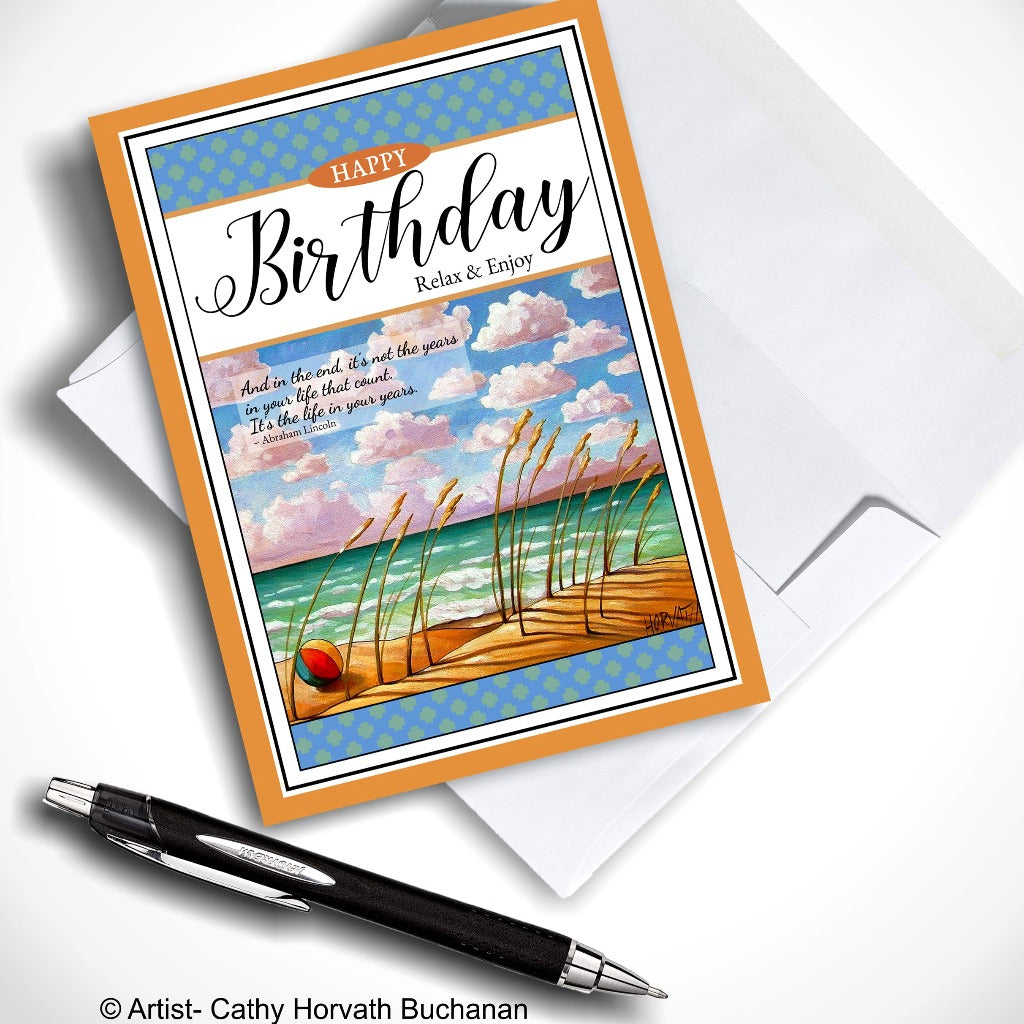 Birthday Greeting Card, Seaside Beach Ball w Quote, 5x7 Relax & Enjoy by cathy horvath buchanan