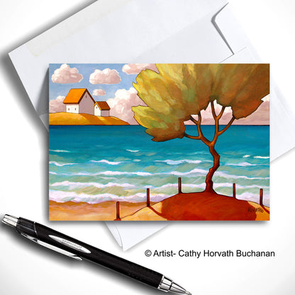 Beach Tree Art Card, Summer Seaside Coastal Road 5x7 Greeting Card by cathy horvath buchanan