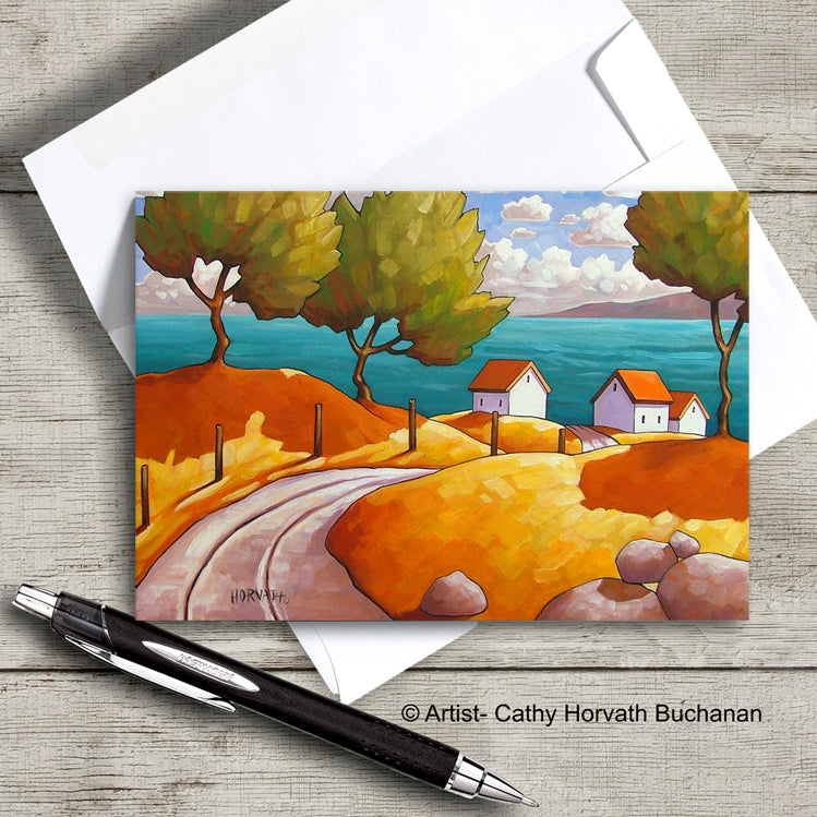 colorful coastal landscape with curving road and cottages art card with envelope by artist Cathy Horvath Buchanan