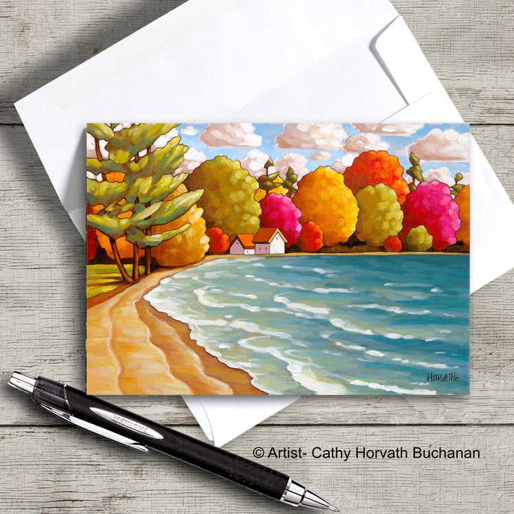 beach and water waves and colorful trees art card with envelope by artist Cathy Horvath Buchanan