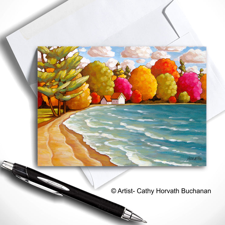 Lake of Bays Beach Art Card, Summer Seaside Coastal 5x7 Greeting Card by cathy horvath buchanan