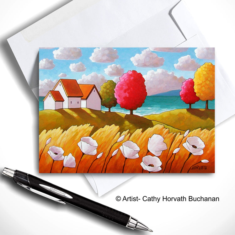 Oceanside White Blooms Cottage Landscape Art Card, Summer Seaside Coastal 5x7 Greeting Card on white by Cathy Horvath Buchanan 
