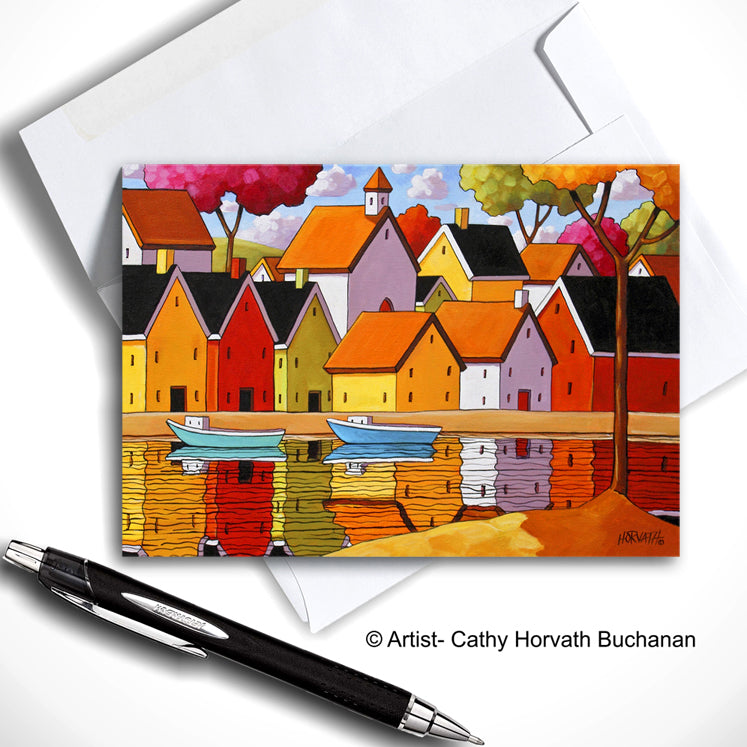 Harbor Boats Art Card, Modern Folk Art Coastal Town, Waterside Reflection Village Landscape Greeting Card by cathy horvath buchanan