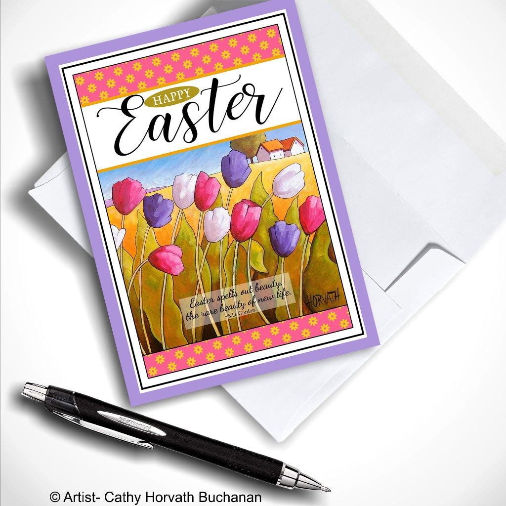 easter greeting card with envelope inspirational quote and spring tulips landscape by artist Cathy Horvath Buchanan