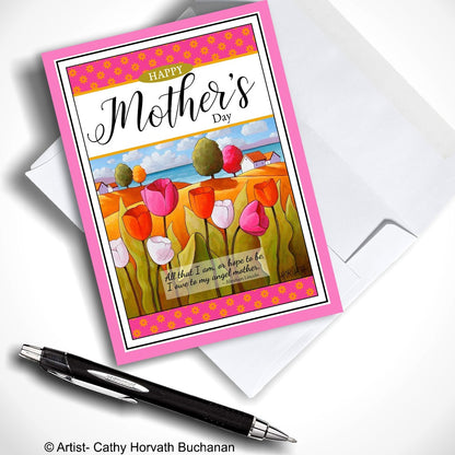 mothers day greeting card of tulips landscape with an envelope and pen, greeting card by Artist Cathy Horvath Buchanan,
