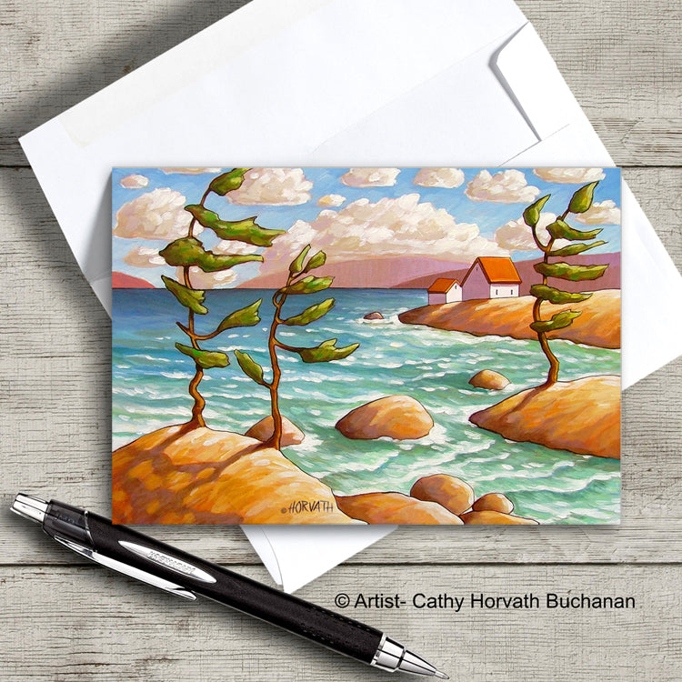 windy coastal landscape with trees rocks cottages art card with envelope  by Cathy Horvath Buchanan