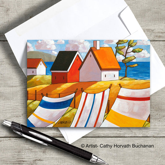 colorful towels in the wind and coastal cottages art card with envelope by artist Cathy Horvath Buchanan