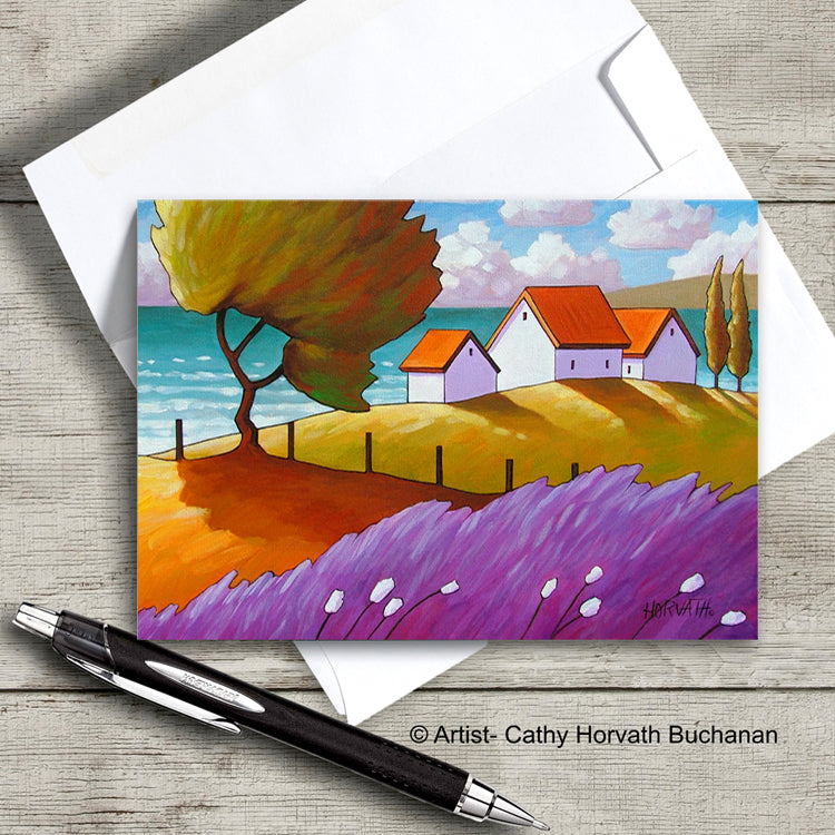 colorful coastal landscape with windy tree and lavender white cottages art card with envelope Cathy Horvath Buchanan