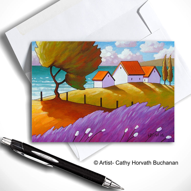 colorful coastal landscape with windy tree and lavender white cottages art card with envelope Cathy Horvath Buchanan