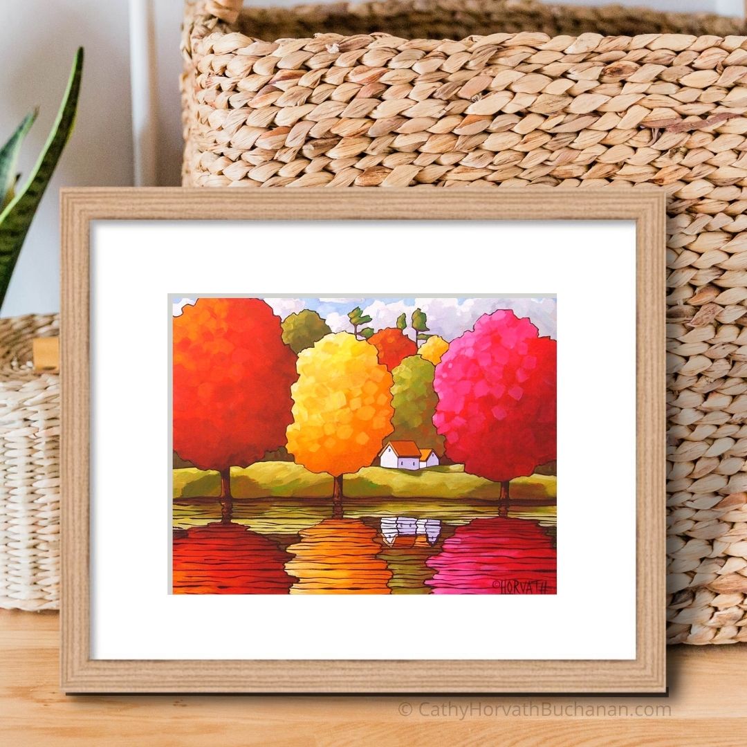 Fall Trees Reflection Art Print Wall Decor, Colorful Autumn River Giclee by artist Cathy Horvath Buchanan