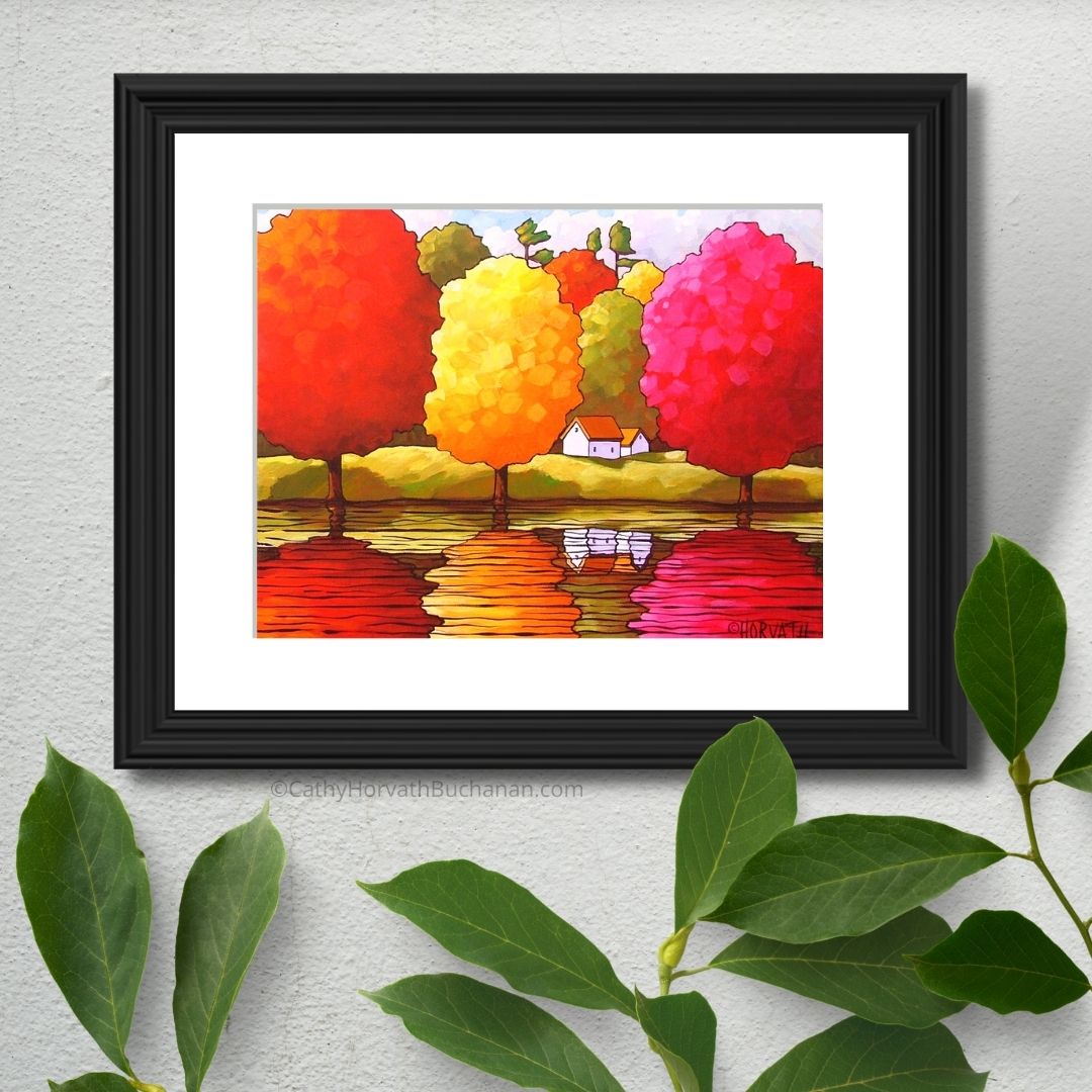 Fall Trees Reflection Art Print Wall Decor, Colorful Autumn River Giclee by artist Cathy Horvath Buchanan