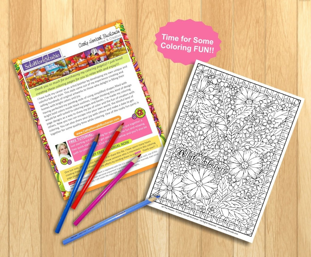 Flower Art Coloring Page, Floral Pattern w Border, PDF Printable Download by Cathy Horvath Buchanan